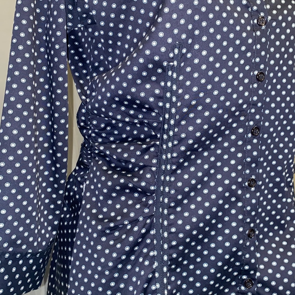 Navy blue white  button up button down ruched side fitted women’s blouse top med - Picture 4 of 11